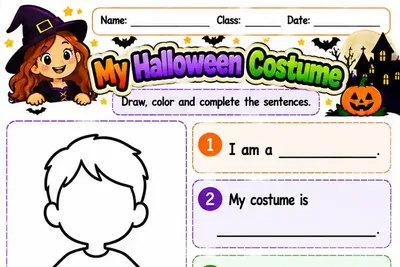 Folha My Halloween Costume com silhueta de menino para desenhar a fantasia e frases para completar