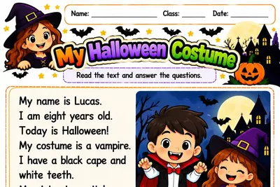Folha My Halloween Costume com texto sobre o Lucas e quatro perguntas de múltipla escolha
