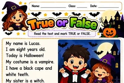 Folha True or False com texto sobre o Lucas e oito afirmações
