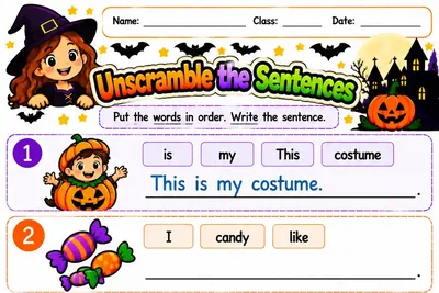 Folha Unscramble the Sentences com seis desenhos e palavras para ordenar
