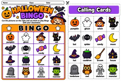 Folha Halloween Bingo com cartela de 16 figuras e cards para recortar