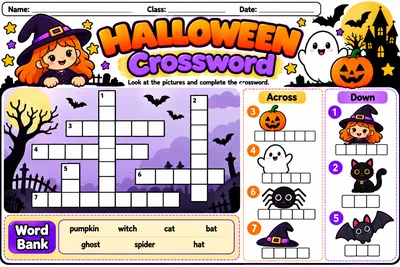 Folha de palavras cruzadas de Halloween com figuras e banco de palavras