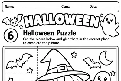 Folha Halloween Puzzle com peças para recortar e colar montando uma abóbora