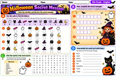 Folha Halloween Secret Message com código de figuras, caça-palavras e palavras embaralhadas