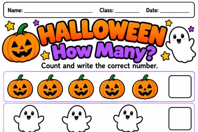 Folha How Many: contar figuras de Halloween e escrever o número