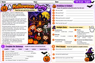 Folha com atividades de interpretação do texto A Halloween Party