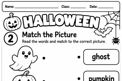 Folha Match the Picture: ligar palavras em inglês aos desenhos de Halloween