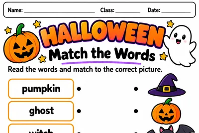 Folha Match the Words: ligar nove palavras de Halloween às figuras