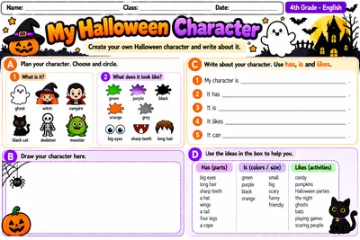 Folha My Halloween Character com planejamento, desenho e caixa de ideias