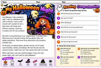 Folha My Halloween Night com texto, perguntas de interpretação e vocabulário