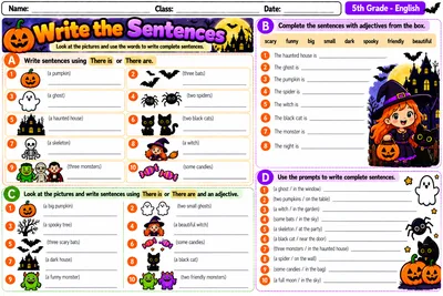Folha Write the Sentences com produção de frases usando There is, There are e adjetivos