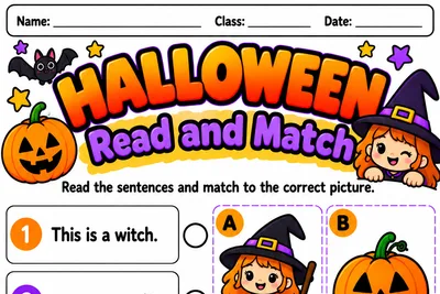 Folha Read and Match com seis frases curtas e seis figuras de Halloween