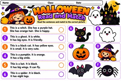 Folha Read and Match com descrições de seis personagens de Halloween