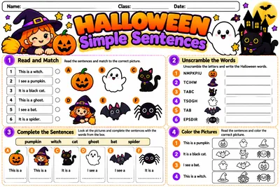 Folha Simple Sentences com quatro atividades de frases simples sobre Halloween