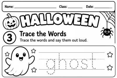 Folha Trace the Words: cobrir palavras pontilhadas ao lado de desenhos para colorir