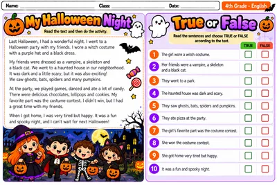 Folha True or False com texto e dez afirmações sobre uma noite de Halloween