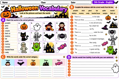 Folha Halloween Vocabulary com doze palavras ilustradas, frases e categorias