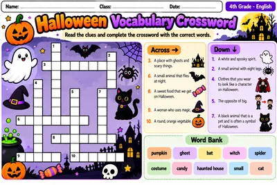 Folha de palavras cruzadas de Halloween com pistas em inglês e banco de palavras