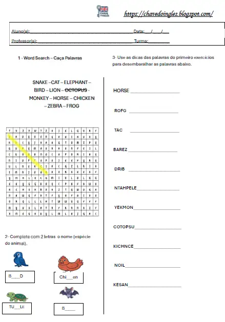 Atividade de caça-palavras em inglês