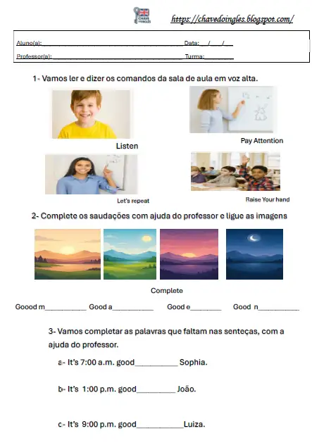 Atividade de comandos em sala de aula em inglês