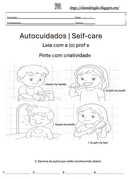 Atividade de autocuidados para ler e pintar em inglês