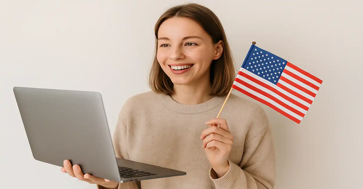 Mulher estudando inglês segurando notebook e bandeira dos Estados Unidos