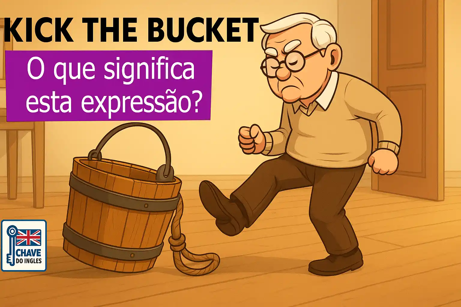 Ilustração da expressão kick the bucket - um balde caído no chão